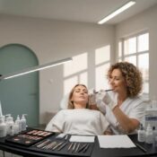 Artist applying permanent makeup in a professional beauty studio