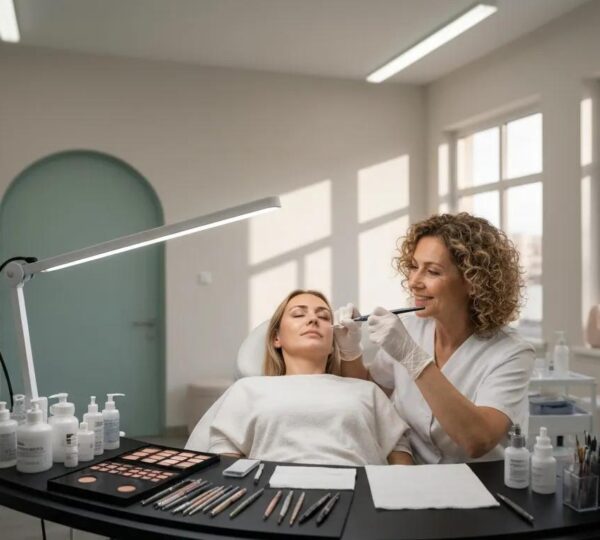 Artist applying permanent makeup in a professional beauty studio