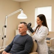 Client receiving scalp micropigmentation in our Clermont studio &mdash; attentive, professional care in a comfortable setting