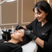 Client relaxing during a permanent makeup service at New Concept Beauty Bar &mdash; calm, professional care