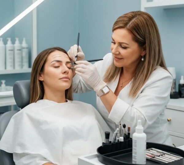 Brow specialist gently working on a client's eyebrows in a salon, showing popular semi-permanent enhancement techniques