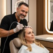 Client receiving scalp micropigmentation treatment in a modern beauty bar, showcasing the precision of the procedure