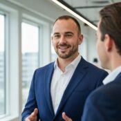 Confident individual with natural-looking scalp micropigmentation in a beauty studio setting