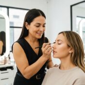 Cosmetic tattoo artist applying permanent makeup in a serene salon setting