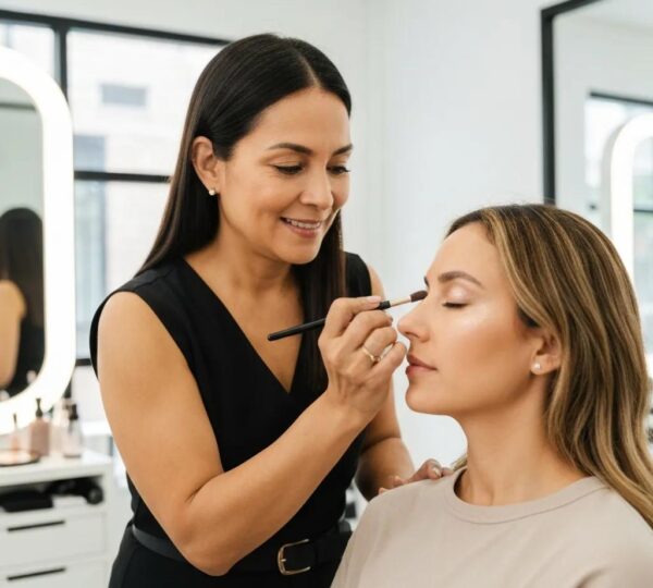 Cosmetic tattoo artist applying permanent makeup in a serene salon setting