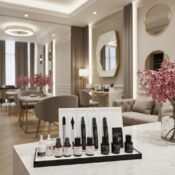 Elegant beauty salon interior featuring eyebrow enhancement products in a luxurious setting