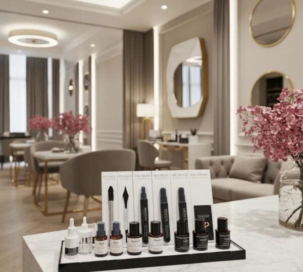 Elegant beauty salon interior featuring eyebrow enhancement products in a luxurious setting