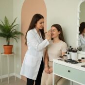 Esthetician applying permanent makeup in a serene beauty studio, showcasing brow services