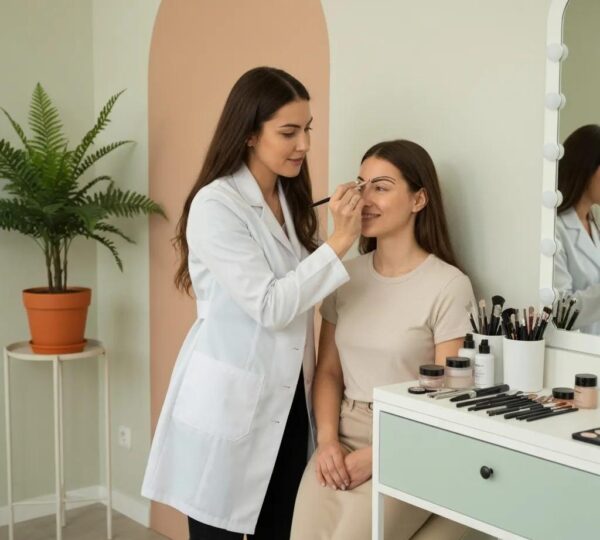 Esthetician applying permanent makeup in a serene beauty studio, showcasing brow services