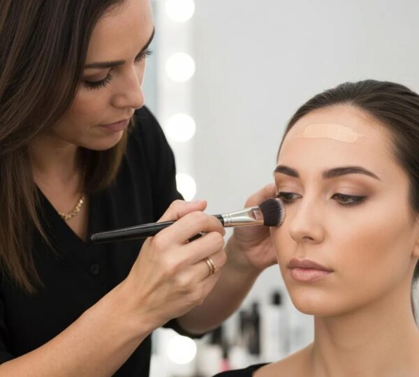 Women applying makeup in a bright bathroom, demonstrating oily-skin aftercare techniques