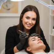 Permanent makeup application in a beauty studio, showcasing skilled artistry and professional tools