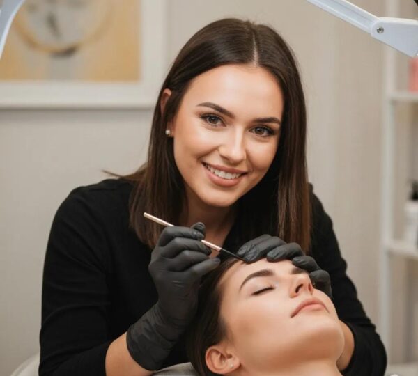 Permanent makeup application in a beauty studio, showcasing skilled artistry and professional tools