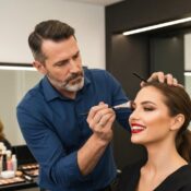 Professional makeup artist applying camera-ready makeup to a model in a studio