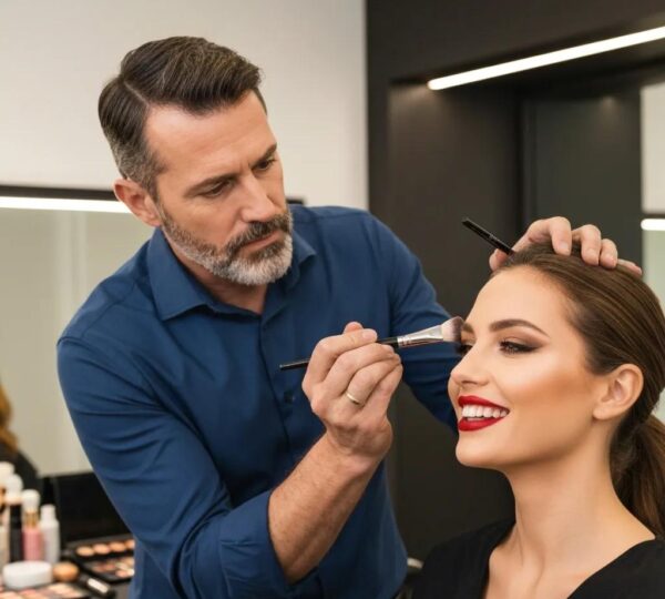 Professional makeup artist applying camera-ready makeup to a model in a studio