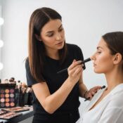 Makeup artist applying makeup in a bright studio &mdash; focused on artistry and client care
