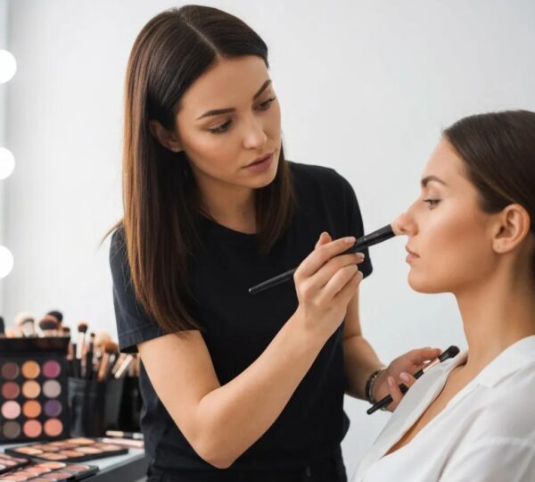Makeup artist applying makeup in a bright studio &mdash; focused on artistry and client care