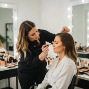 Professional makeup artist applying makeup in a bright studio, showcasing beauty services in Clermont