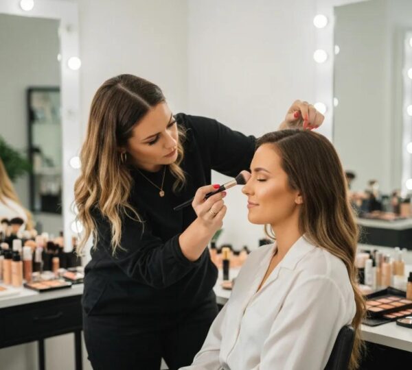 Professional makeup artist applying makeup in a bright studio, showcasing beauty services in Clermont
