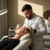 Scalp micropigmentation session at a beauty studio, highlighting the application technique and client satisfaction