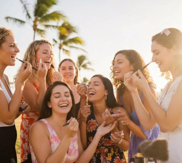 Two women applying makeup outdoors in Florida — seasonal beauty routine