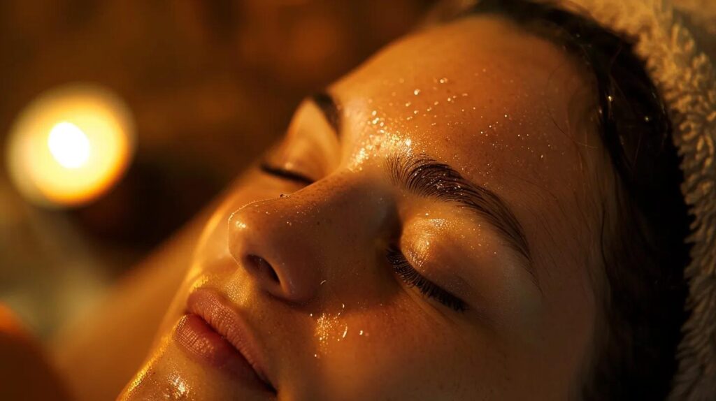 A client relaxing during a head spa session, eyes closed, serene expression. Soft lighting. Warm, spa-like setting.