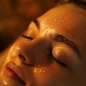 A client relaxing during a head spa session, eyes closed, serene expression. Soft lighting. Warm, spa-like setting.