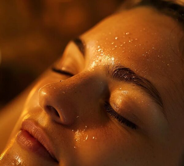 A client relaxing during a head spa session, eyes closed, serene expression. Soft lighting. Warm, spa-like setting.