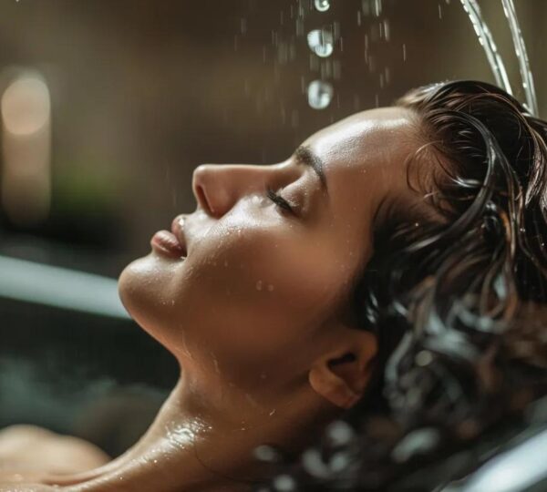 A client with visibly shiny, healthy hair sitting back and relaxing during a head spa session. Warm studio lighting, clean and elevated aesthetic.