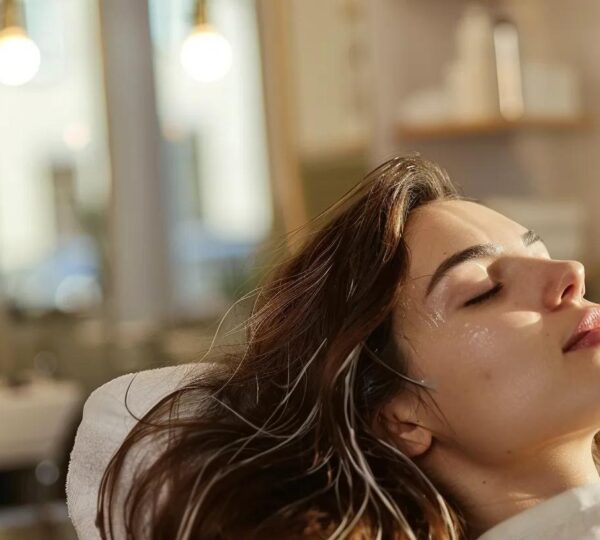 A client with visibly shiny, healthy hair sitting back and relaxing during a head spa session. Warm studio lighting, clean and elevated aesthetic.