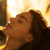 Woman enjoying a relaxing scalp massage, eyes closed, with water droplets glistening on her skin, embodying tranquility and wellness at New Concept Beauty Bar.