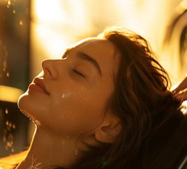 A client leaning back in a reclined chair, eyes closed, completely relaxed, with a specialist's hands gently working through their hair. Warm, golden studio lighting. Calm and aspirational.
