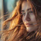 A woman with visibly healthy, shiny, full hair looking relaxed and confident in natural lighting. Outdoors or near a window. Clean, warm, aspirational.