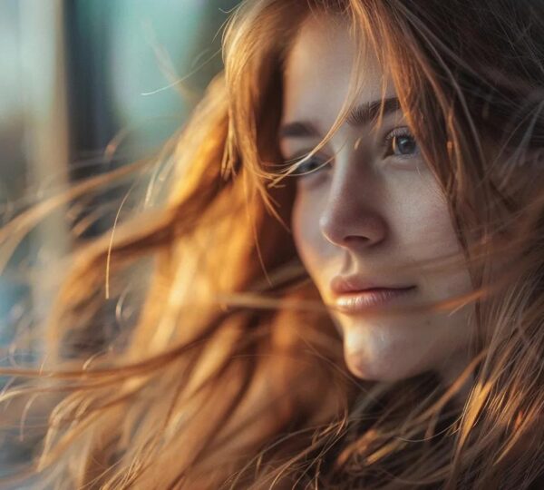 A woman with visibly healthy, shiny, full hair looking relaxed and confident in natural lighting. Outdoors or near a window. Clean, warm, aspirational.