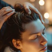 A specialist leaning in close during a scalp consultation, attentively examining a client's scalp with care and focus. Warm studio lighting. Feels personal, expert, and intentional.