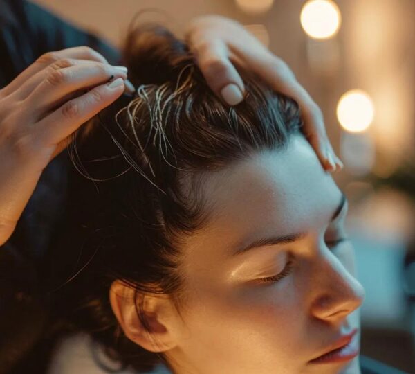 A specialist leaning in close during a scalp consultation, attentively examining a client's scalp with care and focus. Warm studio lighting. Feels personal, expert, and intentional.