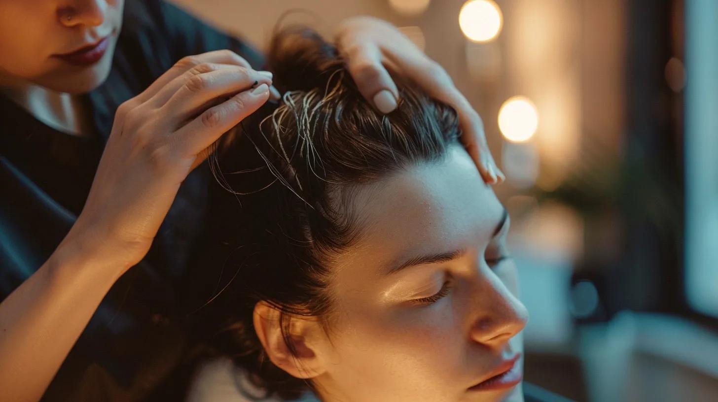 A specialist leaning in close during a scalp consultation, attentively examining a client's scalp with care and focus. Warm studio lighting. Feels personal, expert, and intentional.