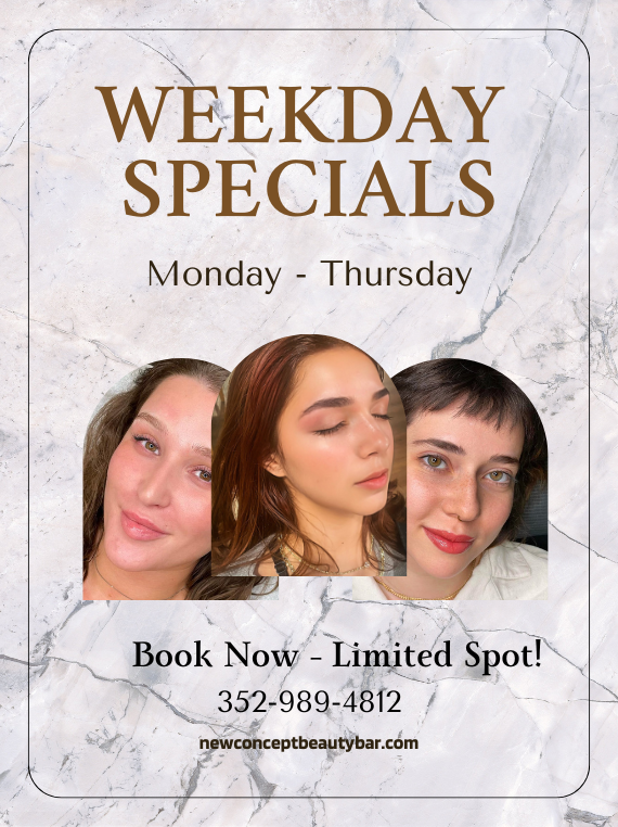 Weekday Specials advertisement featuring three women showcasing beauty services, with text promoting booking opportunities at New Concept Beauty Bar, emphasizing limited availability and contact information.