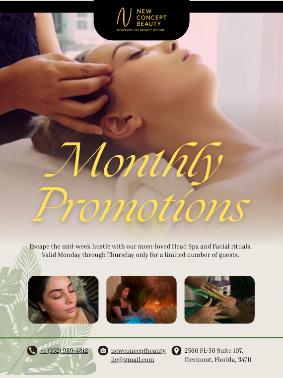 Monthly promotions for head spa and facial services at New Concept Beauty, featuring a serene treatment scene with a client receiving a facial.