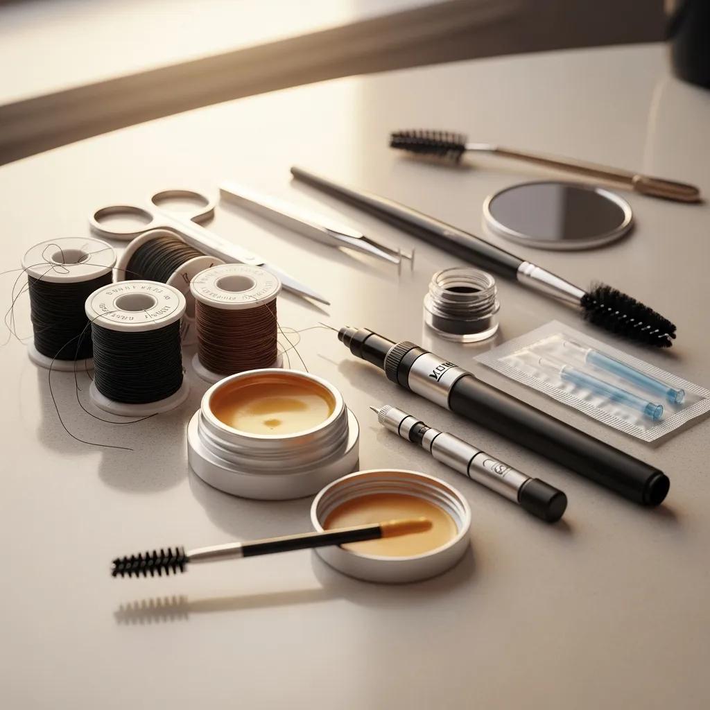 Brow shaping tools including wax, thread, and microblading equipment