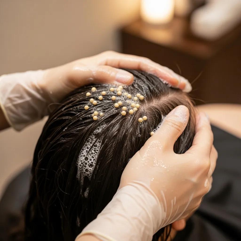 Close-up of a scalp treatment during a Japanese head spa session, highlighting cleansing and exfoliation products