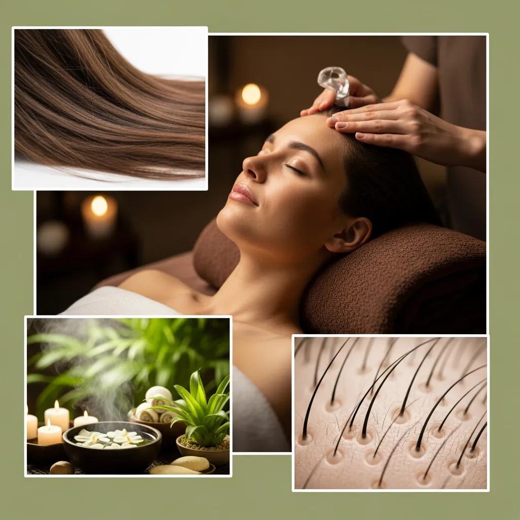 Collage of benefits from head spa treatments including relaxation and healthy hair