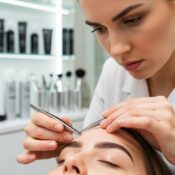 Esthetician shaping eyebrows in a modern beauty salon