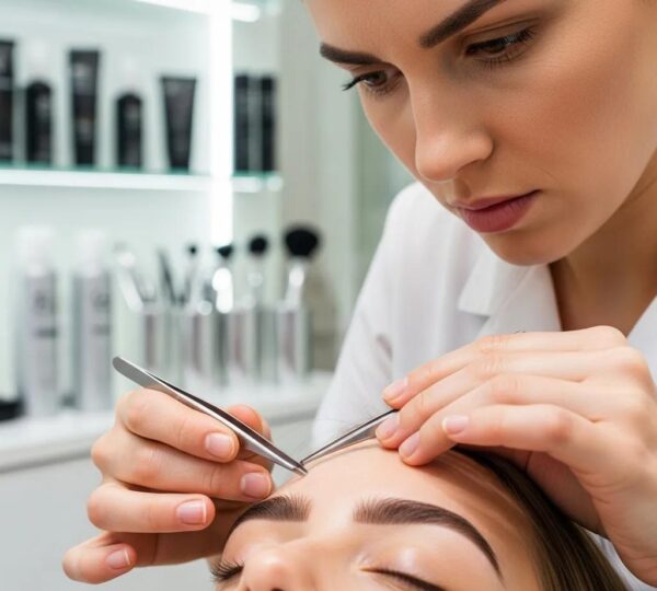 Esthetician shaping eyebrows in a modern beauty salon