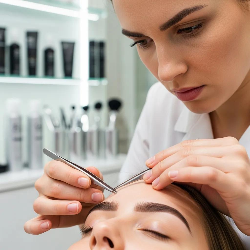 Esthetician shaping eyebrows in a modern beauty salon