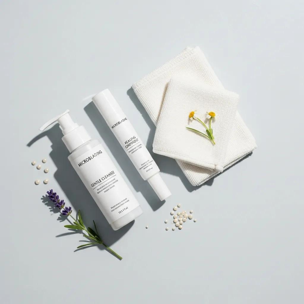 Flat lay of microblading aftercare products including cleanser and ointment