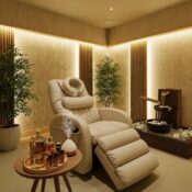 Japanese head spa setting with massage chair and calming decor for relaxation