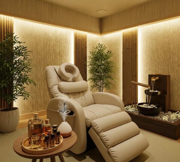 Japanese head spa setting with massage chair and calming decor for relaxation