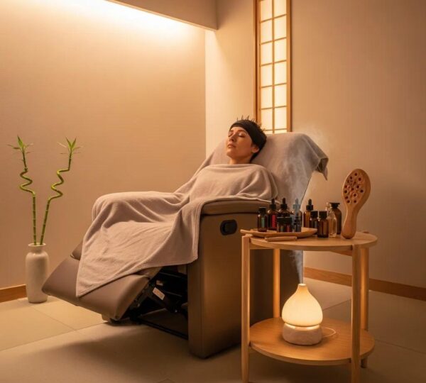 Japanese head spa treatment room with calming decor and essential oils