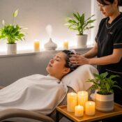 Japanese head spa treatment with a therapist massaging a client's scalp in a tranquil environment