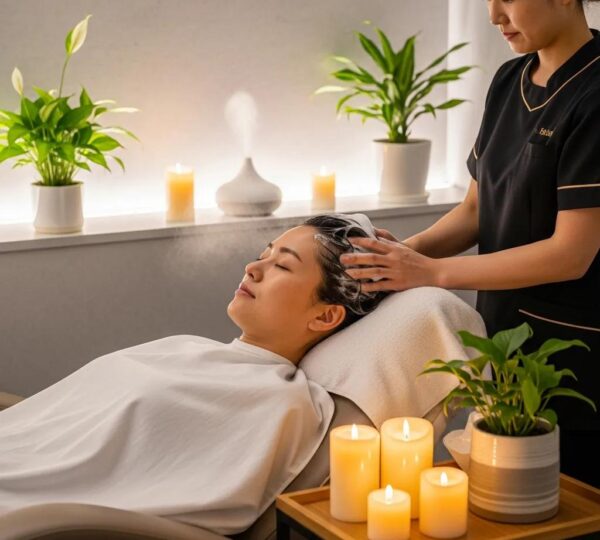 Japanese head spa treatment with a therapist massaging a client's scalp in a tranquil environment